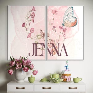 Aangepaste vlinderkunstprint, kunst aan de muur meisjeskamer, set van 2 gepersonaliseerde naam kunst aan de muur, meisjeskamer wanddecoratie, meisjes cadeau, digitale download