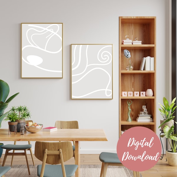 Line drawing Modern Wall Art set of 2 -Printable Digital Prints in gray|white colors, Mid-Century and Instant Download, Minimalist homeDecor