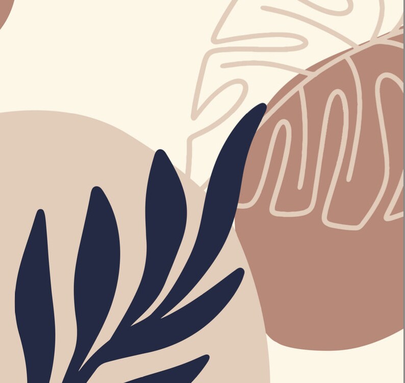 May include: Abstract art print featuring a stylised leaf design in navy blue against a background of beige and brown organic shapes.
