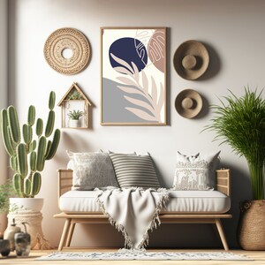 May include: A light wood bench with a white cushion and throw blanket. The bench is decorated with throw pillows in a variety of patterns and colours. The wall behind the bench features a framed abstract print with a blue, pink, and grey colour scheme. There are also two woven wall hangings and a potted cactus.