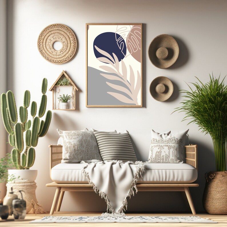 May include: A light wood bench with a white cushion and throw blanket. The bench is decorated with throw pillows in a variety of patterns and colours. The wall behind the bench features a framed abstract print with a blue, pink, and grey colour scheme. There are also two woven wall hangings and a potted cactus.