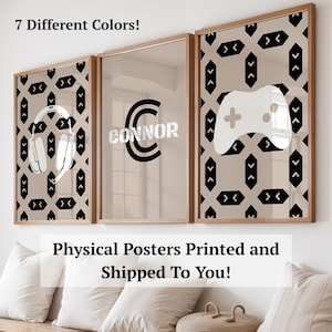 May include: Three framed wall art pieces with a neutral color palette. One features a white headphone graphic, another a black letter "C" with the name "CONNOR", and the third a white game controller. Each frame has a geometric pattern.