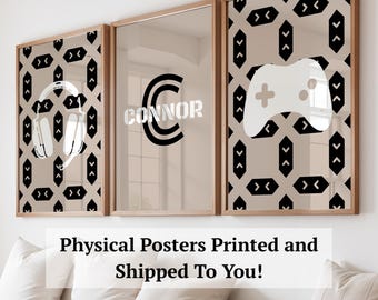 Personalized Boys Gaming Prints: Beige Teen Room Decor, Set of 3 Unframed Posters, gamers wall art, teen wall Decor, gaming wall art