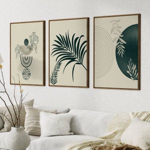 Dunkelgrüne Mitte des Jahrhunderts moderne Wand Kunst Set von 3 Drucken, Boho botanisches Plakat abstraktes beige grüne Blätter Boho Wall Art Bundle