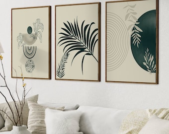 Printable Dark green mid century modern wall art set of 3 prints, Bohemian botanical poster abstract Beige Green leaves Boho Wall Art Bundle