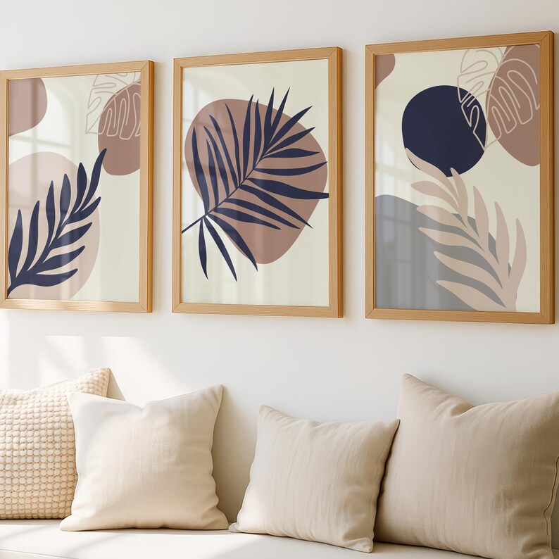 Boho Leaves Wall Art Set of 3 - Printable Digital Prints | Neutral Colors | Mid-Century Modern & Abstract | Instant Download | home decor image 1