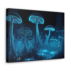 Blaue leuchtende Pilze im Wald - Kunst auf Leinwand, Wandkunst, Wanddekor, Wohndekor, Fantasy Wohndekor, Geschenk