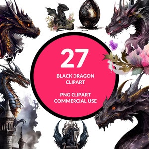 Set of 27 Black Dragon Clipart |PNG | Commercial Use | Fantasy Clipart | Watercolor Dragon Clipart | instant download