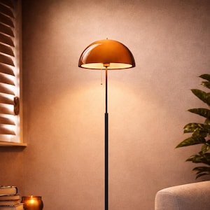 Retro Floor Lamp with Orange Shade | Mid Century Modern Standing Light | Stylish Dome Lamp for Living Room
