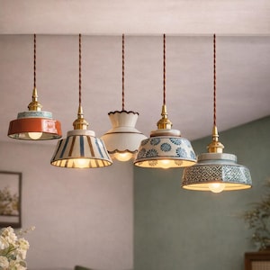 Vintage keramische hanglamp | Vintage hanglamp | Minimalistische keuken-/woonkamerverlichting | Retro lampenkap - Designer decor