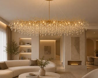 Luxe kroonluchter met gouden kristallen takken, moderne lineaire eetkamerlamp, elegante plafondlamp, designverlichting