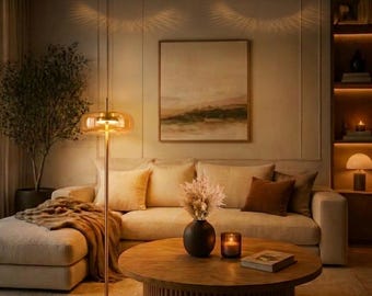 Amber glass floor lamp, modern design gold lamp, minimalist living room lighting, cozy bedroom lamp