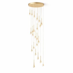 May include: A modern gold chandelier with multiple teardrop-shaped lights hanging from a circular ceiling mount. Each light has a clear crystal-like element at the bottom, creating a sophisticated and elegant lighting fixture.