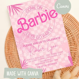 Barbie Birthday Invitation, Pink Checkered, Digital Download, 5x7