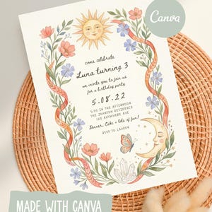 May include: A watercolor birthday party invitation with floral and celestial illustrations. The invitation features the text "Luna turning 3" and event details. The design includes a sun, moon, flowers, and a butterfly, with the text "Made with Canva".