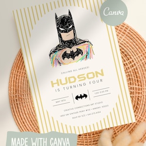 May include: Birthday invitation featuring a Batman illustration. The design includes the text "Calling all heroes!" and "Hudson is turning four." The invitation has a Batman logo and event details, all set against a striped background.