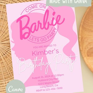 Puede incluir: Invitación rosa de fiesta de cumpleaños con temática de Barbie. La invitación presenta una silueta rosa del perfil de Barbie, las palabras "Come On Barbie Lets Go Party" y detalles de la fiesta. La invitación fue hecha con Canva.