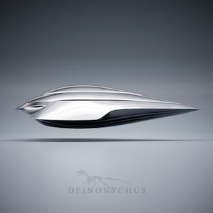 Può includere: Un veicolo futuristico di colore argento e dal design elegante con un muso appuntito e una carrozzeria liscia e curva. Il veicolo è leggermente sospeso sopra il terreno. Il testo "www.etsy.com/shop/DeinonychusDesign" è visibile sul lato del veicolo.