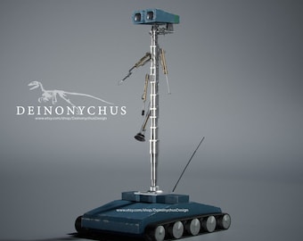 May include: A blue and gray robotic tank with a tall, articulated arm and a camera on top. The tank has a black antenna and is on a gray background. The text "DEINONYCHUS" and "www.etsy.com/shop/DeinonychusDesign" is visible on the image.