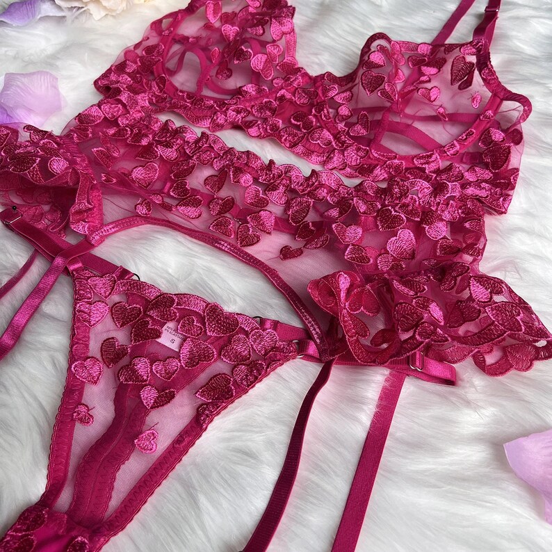 Deep Pink Passion Lingerie Set Playful Heart-shaped Embroidery, Pink ...