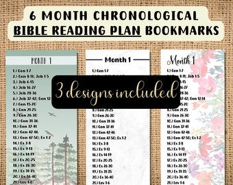 Plan de lectura bíblica imprimible de 6 meses, conjunto de seis marcadores de lectura bíblica cronológicos, guía de lectura bíblica en PDF para descarga digital.