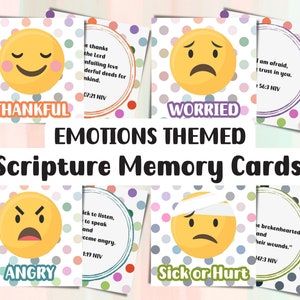 Tarjetas imprimibles de versículos de memoria para niños, versículos de la Biblia para memorizar sobre emociones, memoria de las Escrituras para niños