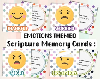 Tarjetas imprimibles de versículos para memorizar para niños, versículos bíblicos para memorizar sobre emociones, memorización de las Escrituras para niños.