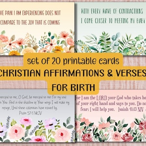 Afdrukbare christelijke geboortebevestigingskaarten met geschriften voor arbeid digitale download pdf van bijbelverzen voor arbeid, bloemen