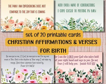 Tarjetas de afirmación de nacimiento cristianas imprimibles con escrituras para el parto descarga digital pdf de versículos de la Biblia para el parto, floral