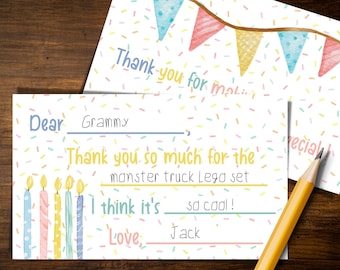 Tarjetas de agradecimiento para niños imprimibles, para completar en blanco, para regalos de cumpleaños, tamaño 3x5, descarga instantánea, impresión en casa, gracias por el regalo.