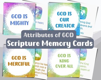 Tarjetas imprimibles de versículos de memoria para niños versículos de la Biblia para memorizar sobre el carácter de Dios, conjunto de versículos para memorizar, atributos de Dios