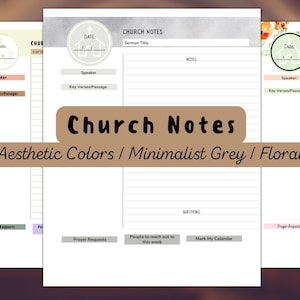 May include: Printable church notes template with a minimalist grey and floral design. The template includes sections for date, sermon title, speaker, key verses, notes, questions, prayer requests, and people to reach out to this week.
