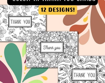 Printable color in thank you card digital download floral coloring design letter pdf coloring page bundle greeting card colorable stationary