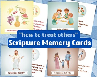 Tarjetas de versículos de memoria para niños imprimibles, versículos de la Biblia para memorizar sobre cómo tratar a los demás, trabajo de memorización de las Escrituras para niños