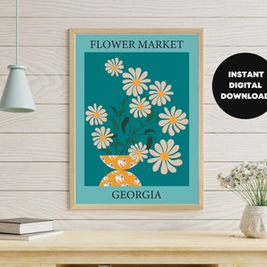 Bulldog, University of Georgia, Flower Market, College Art, Teal, Blue, College Student Gift, Dorm Room Deco, Digitale Download