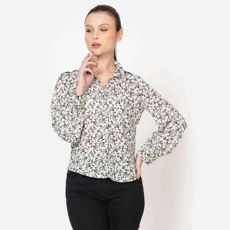 Ditsy Floral Button Down Shirt for Women, Flower Printed Long Sleeve Button, Secretary Office Top, Minimalist Casual Office Look Shirt image 1