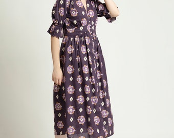 Women's Stylish True Purple Button-Down Midi Dress