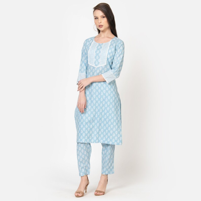 Ensemble kurta traditionnel indien bleu clair imprimé avec pantalon pour femme Ensemble kurta de créateur ethnique en pur coton imprimé bloc KURTIS POUR FEMME image 6