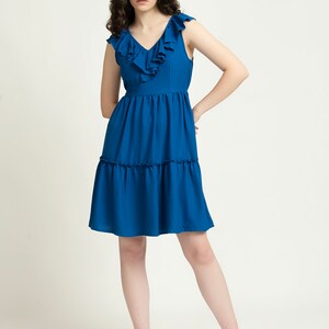 Cool Blue Poly Moss Back Cutout Ruffle Trim Ruffle Hem Dress image 1