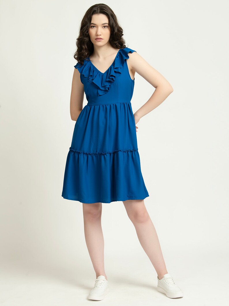 Cool Blue Poly Moss Back Cutout Ruffle Trim Ruffle Hem Dress image 1