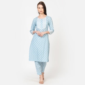 Ensemble kurta traditionnel indien bleu clair imprimé avec pantalon pour femme Ensemble kurta de créateur ethnique en pur coton imprimé bloc KURTIS POUR FEMME image 2