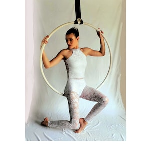 White Lace Aerialist Costume for Acrobatics, Silks, Lyra, Dance, Yoga, Stretching Performer Unitard Spandex Catsuit