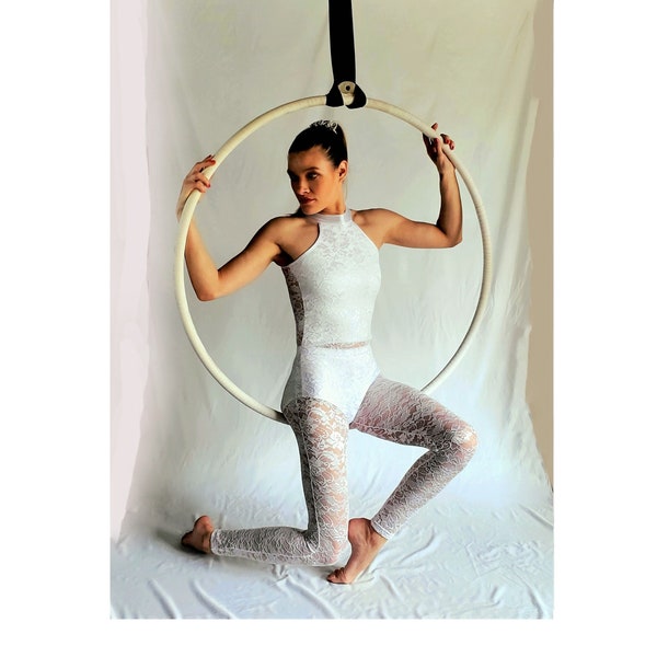 White Lace Aerialist Costume for Acrobatics, Silks, Lyra, Dance, Yoga, Stretching Performer Unitard Spandex Catsuit