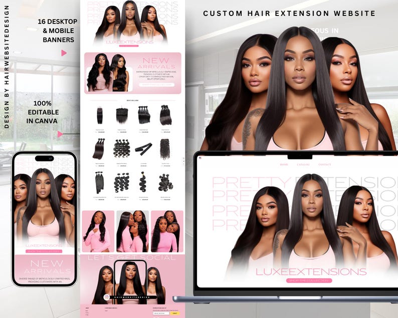 Shopify Luxury Hair Website Template , Premade Hair Website, Shopify Website Theme, Hair Stock Images, Canva, Instant Download image 2