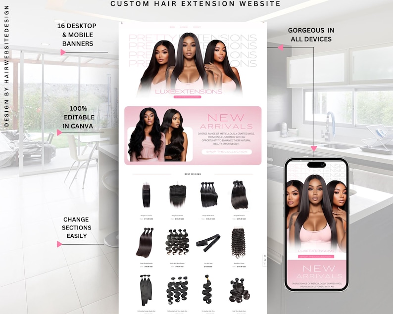 Shopify Luxury Hair Website Template , Premade Hair Website, Shopify Website Theme, Hair Stock Images, Canva, Instant Download image 7