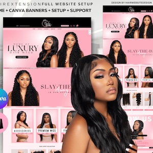 Może przedstawiać: Projekt strony internetowej dla przedłużeń włosów, z różowo-czarną kolorystyką. Projekt zawiera tekst "HOME OF LUXURY HAIR WIGS" i "SLAY THE DAY IN OUR EXTENSIONS." Strona jest zoptymalizowana pod kątem urządzeń mobilnych i komputerów.