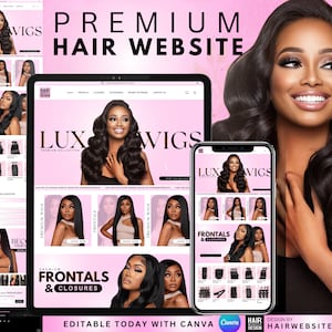 Può includere: Un mockup digitale di un sito web di capelli, che mostra una collezione premium di parrucche e frontali. Il sito web è visualizzato su un laptop, tablet e smartphone, con uno sfondo rosa e il testo "LUX WIGS". Il design è modificabile con Canva.