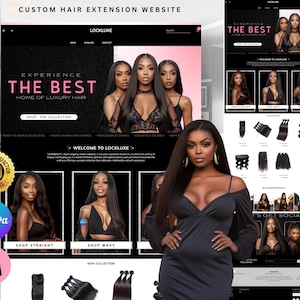 May include: A website design for a hair extension business, featuring a woman in a black dress. The website showcases various hair extension styles and includes the text "EXPERIENCE THE BEST HOME OF LUXURY HAIR".