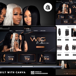 Op de afbeelding: Een website-ontwerp voor "The Wig Klinic" met afbeeldingen van vrouwen met verschillende kapsels. De site toont Braziliaans krullend haar, premium pruiken en natuurlijke golven. Het ontwerp bevat een winkelwagentje-pictogram en de tekst "Built with Canva."