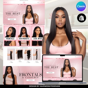 Peut inclure: Une conception de site web présentant une femme aux longs cheveux noirs raides. Le site promeut des produits capillaires de luxe, notamment des frontaux, des produits capillaires et des perruques en dentelle. La conception utilise une palette de couleurs rose et blanche avec le texte "EXPERIENCE THE BEST LUXURY HAIR".